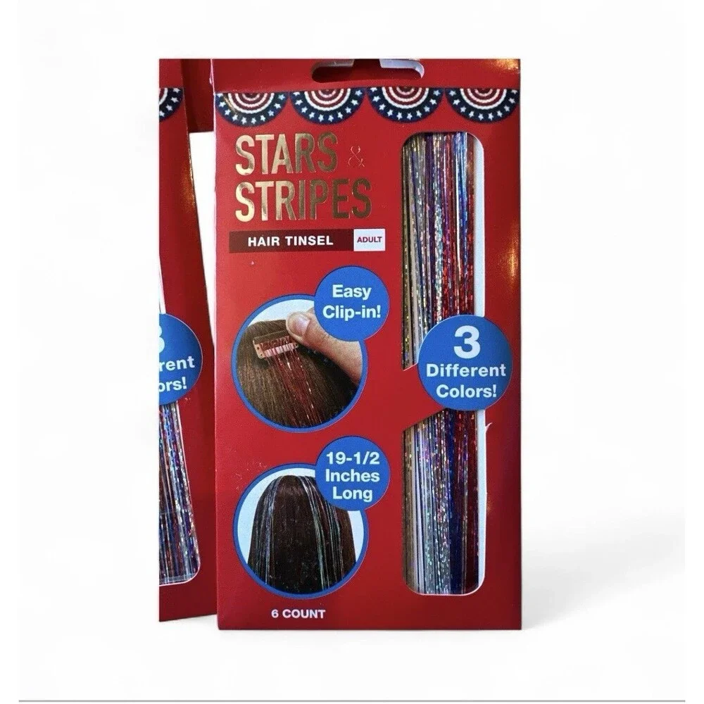 Lot 4 Pack Stars & Stripes Hair Tinsel 6 CT Clip In 19.5 in Long Red White Blue